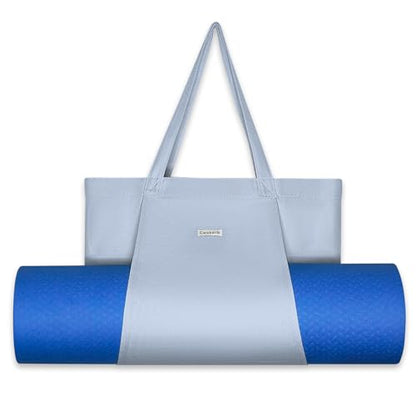 Yoga Mat Bag for Women, Pure Cotton Canvas Yoga Tote with Wet/Dry Pocket, Bottle Holder & Inner Zipper Pocket, Yoga Mat Carrier Bag for Pilates, Gym, Travel, Beach - color: Light blue