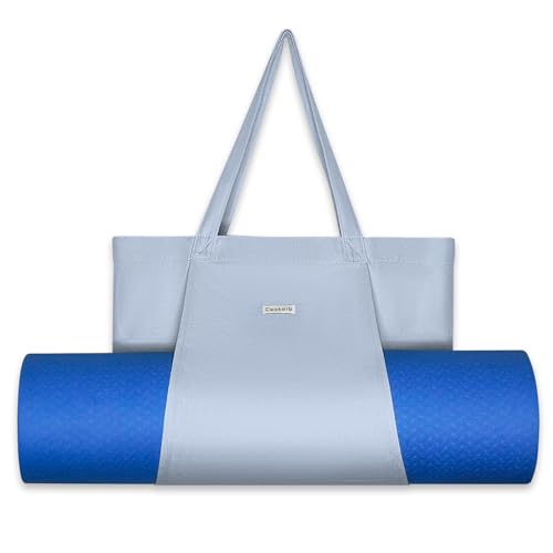 Yoga Mat Bag for Women, Pure Cotton Canvas Yoga Tote with Wet/Dry Pocket, Bottle Holder & Inner Zipper Pocket, Yoga Mat Carrier Bag for Pilates, Gym, Travel, Beach - color: Light blue