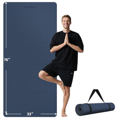 PAIDU Extra Long Wide Yoga Mat, （10mm） Thick Non-Slip Exercise Mat 76"x33" | large mat, ideal for yoga, Pilates & home gym, with non-slip grip & cushioning for all exercises. - color: Dark blue + Black