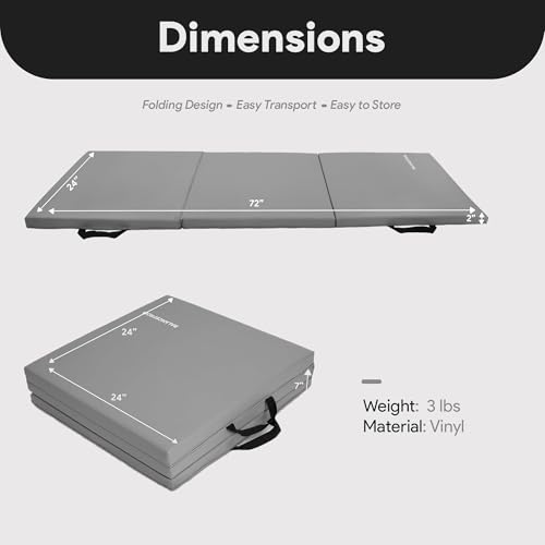 BalanceFrom 6x2 Feet 3-Panel Folding Gymnastics Mat – 2-Inch Thick Pad with Vinyl Surface and Carrying Handles for Tumbling, Yoga, Pilates, Home Workouts, and Martial Arts - color: Gray