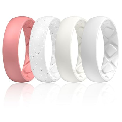 Egnaro Women's Bridal Rings Sets, 6mm Wide, 2mm Thick, Silicone Wedding Rubber Band with Half Size, Inner Arc Ergonomic Breathable Design - color: SETB-Faint Red, White Silver Glitter, Ivory, White, size: 3.5-4
