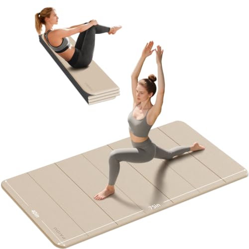 PAIDU Foldable Yoga Mat 10MM Thick 75‘’x40‘“ Quick Fold Easy Storage - color: Beige+Black