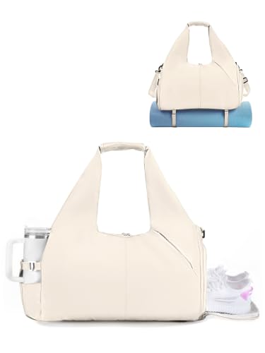 RHDZO Gym Bag for Women with Shoe and Wet Compartments, Yoga Mat Holder | Travel Duffel Bag with Water Bottle Holder, Weekend Overnight Bag for Workout Sport Dance Pilate, Detachable Shoulder Strap - color: Beige-Upgraded