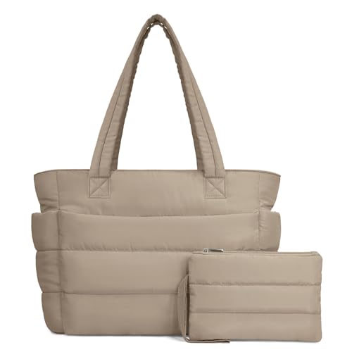 TOPDesign Puffer Tote Bag for Women, Lightweight Puffy Handbag with Compartments, Quilted Shoulder Bag for Work, Travel, Gym - color: Camel, size: Large