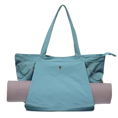 ESVAN Yoga Tote Bag for Women Shoulder Bags Drawstring for Office Workout Travel Carryall Pilates Gym and Beach - color: Nylon Lake Blue