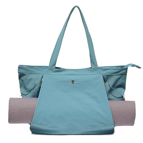 ESVAN Yoga Tote Bag for Women Shoulder Bags Drawstring for Office Workout Travel Carryall Pilates Gym and Beach - color: Nylon Lake Blue