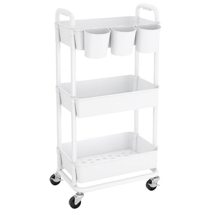 3-Tier Plastic Rolling Storage Cart Utility Cart with Extra Hanging Cups Handles Lockable Wheels for Living Room Bathroom Kitchen Office White | Utility Cart with Extra Hanging Cups Arc-Shaped Handles Lockable Wheels for Living Room Bathroom Kitchen Offic