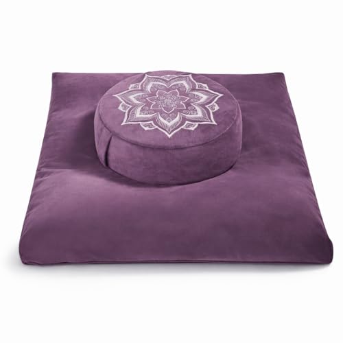 Meditation Cushion Set Zafu & Zabuton – Buckwheat Hull & Memory Foam, Adjustable Floor Pillow for Yoga, Meditation & Sitting, Removable Velvet Cover (Purple) - color: Purple