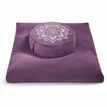 Meditation Cushion Set Zafu & Zabuton – Buckwheat Hull & Memory Foam, Adjustable Floor Pillow for Yoga, Meditation & Sitting, Removable Velvet Cover (Purple) - color: Purple