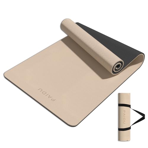 PAIDU Yoga Mat 8mm TPE Non‑Slip Fitness Mat with Strap for Home Workouts - color: 베이지&블랙