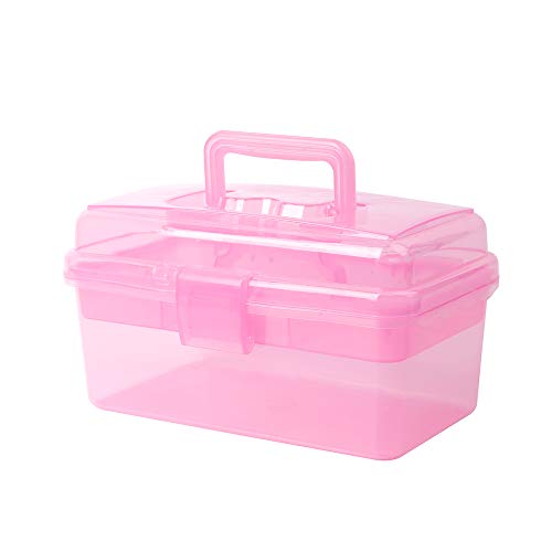 Multipurpose Plastic Storage Container Organizer Box Case with Removable Tray and Handle for Art, Craft, Sewing Supplies, Clear&Pink - color: clear/pink