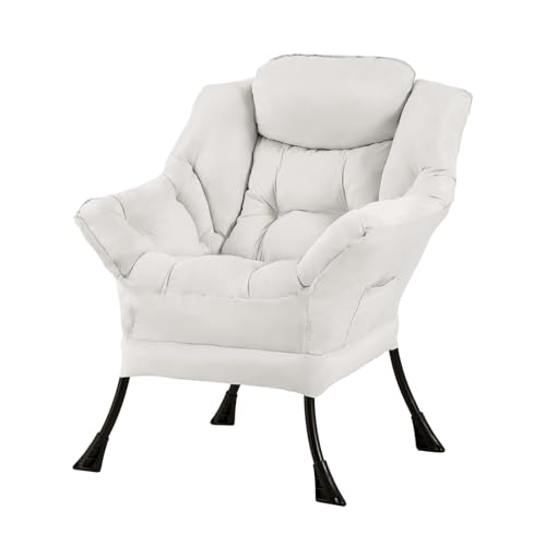 Tiita Lazy Chair for Adults, Comfy Reading Accent Chair, Beige Single | Padded Seat, High Backrest, Armrests and Side Pocket for Lounging in Living Rooms, Bedrooms, Dorms and Small Spaces - color: Peach Skin Beige-single