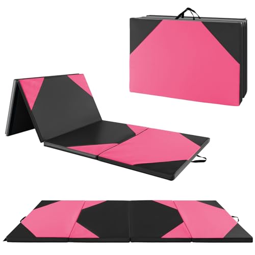 Giantex 4'x10'x 2" Gymnastics Mat, 4-Panel Folding Aerobics Exercise Mat w/Hook & Loop Fastener, Carrying Handle, Portable Tumbling Mat for Stretching Yoga Cheerleading Martial Arts - color: Rose/Black