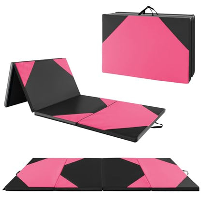 Giantex 4'x10'x 2" Gymnastics Mat, 4-Panel Folding Aerobics Exercise Mat w/Hook & Loop Fastener, Carrying Handle, Portable Tumbling Mat for Stretching Yoga Cheerleading Martial Arts - color: Rose/Black