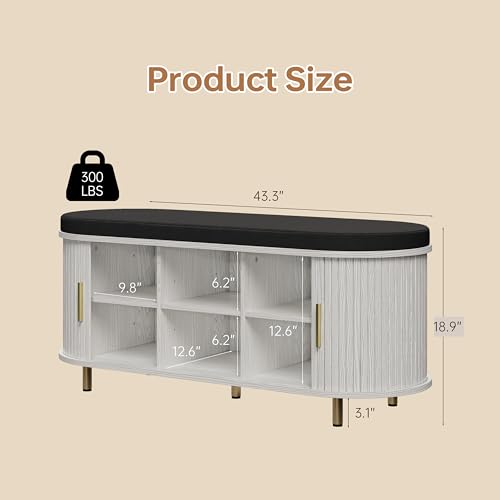 DHH 2-Tier Storage Bench,Wide Shoe Bench with Thickened Padded Seat Cushion, Mid Century Modern Fluted Sliding Door and Adjustable Shelf, for Entryway, Living Room, Bedroom (Grayish White, 43.3“) - color: Grayish White, size: 43.3 inch