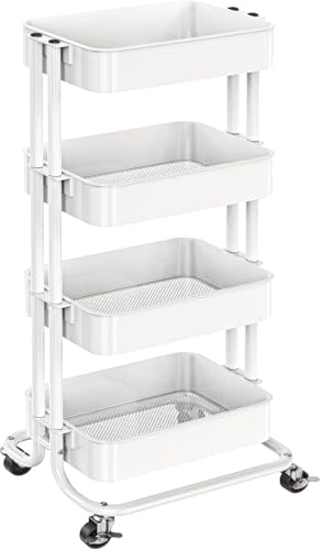 Pipishell 4 Tier Metal Rolling Utility Cart with 2 Lockable Wheels, White | 360° Rotating Wheel, Heavy-Duty Steel, Sturdy Dual Columns, Ventilated Mesh, Hold 22 lbs per Shelf, for Kitchen & Living Room - color: White, size: 4 Tier