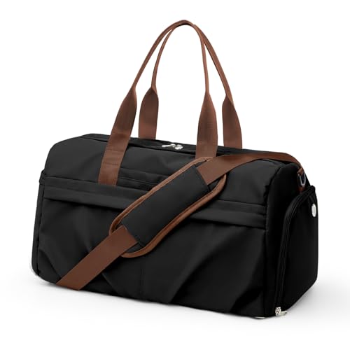 Gym Bag for Women Men with Shoe Compartment, Sport Duffel Bag, Waterproof Travel Weekender Overnight Carry on Bag for Yoga with Trolley Sleeve, Black Brown | Waterproof Weekender Overnight Carry on Duffle Bag with Trolley Sleeve for Traveling, Yoga, Gym,