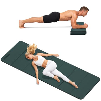 Yoga Mat Thick 10mm, Foldable Yoga Mat 75 x 26 x 0.4 Inches | Portable Workout Mat | Thick Cushioning Surface | Home Gym Exercise Mat | Pilates & Yoga Training - color: Dark green