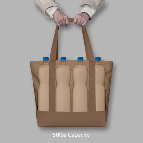 TOPDesign 1-Pack Canvas Tote Bag with an External Pocket, Reusable Grocery Shopping Bag, Top Zipper Closure, Daily Essentials (Brown) - color: Brown