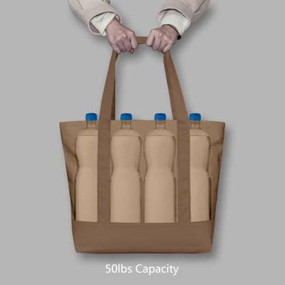 TOPDesign 1-Pack Canvas Tote Bag with an External Pocket, Reusable Grocery Shopping Bag, Top Zipper Closure, Daily Essentials (Brown) - color: Brown