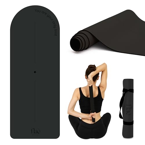 Premium PU Yoga Mat | Sweat-Activated Non-Slip Grip | Natural Rubber Base | Arch-Shaped Design with Carry & Stretch Strap | For Yoga, Pilates & Stretching & Workouts - color: charcoal black
