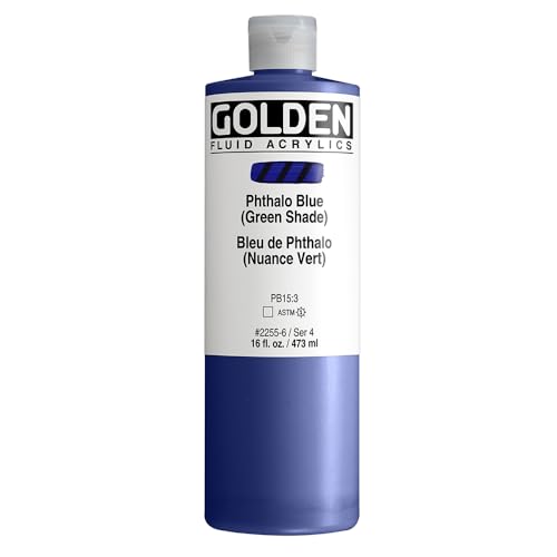 GOLDEN Fluid Acrylics, Phthalo Blue (Green Shade), 16 fl. oz. Bottle | Artist grade acrylic paint with rich pigment load and a flowing constency useful for even coverage and fine details.