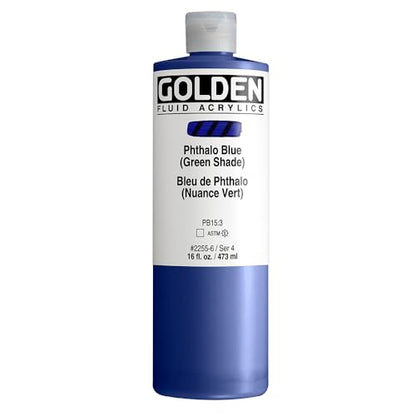 GOLDEN Fluid Acrylics, Phthalo Blue (Green Shade), 16 fl. oz. Bottle | Artist grade acrylic paint with rich pigment load and a flowing constency useful for even coverage and fine details.