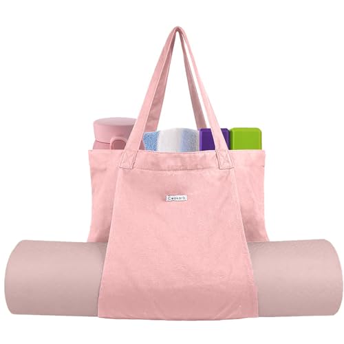 Yoga Mat Bag for Women, Pure Cotton Canvas Yoga Tote with Wet/Dry Pocket, Bottle Holder & Inner Zipper Pocket, Yoga Mat Carrier Bag for Pilates, Gym, Travel, Beach - color: x-Pink