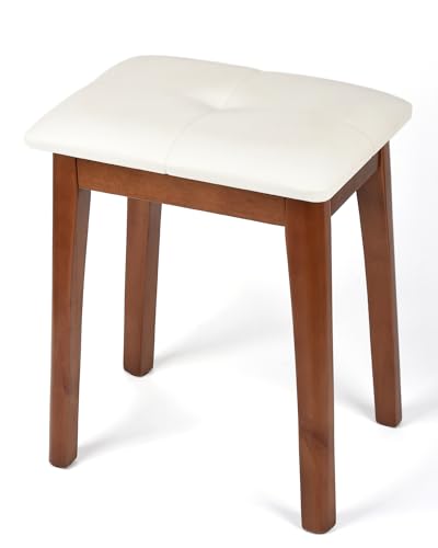 Solid Wood Vanity Stool with Cushion | 11"D x 15"W x 18" H - Small Wooden Ottoman Bench Chair Padded Seat for Bedroom/Living Room/Office/Makeup Vanity - color: Beige White - 18"h