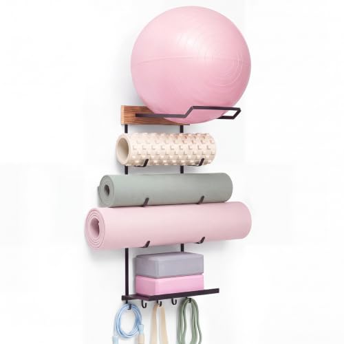 Junkin Yoga Mat and Ball Holder Wall Mount, 4-tier Yoga Mat & Ball Storage Rack, Metal Floating Shelf, Home Gym Organizer for Hanging Foam Rollers & Resistance Bands, Wood Color