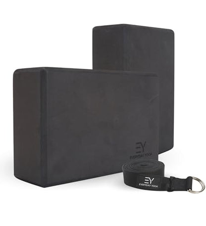 Everyday Yoga 폼 블록 및 요가 스트랩 세트, 안정성, 균형 및 깊은 스트레칭을 위한 부드러운 미끄럼 방지 표면 - 요가, 필라테스 및 명상 액세서리에 이상적 - color: 블랙., size: 4" Thick - with Strap