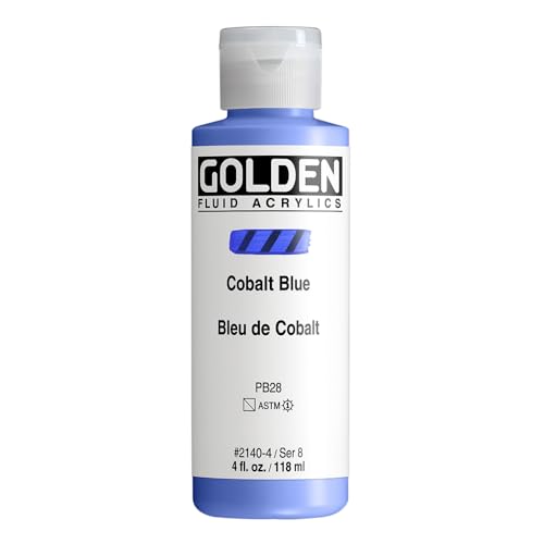 GOLDEN Fluid Acrylics, Cobalt Blue, 4 fl. oz. Bottle | Artist grade acrylic paint with rich pigment load and a flowing constency useful for even coverage and fine details.