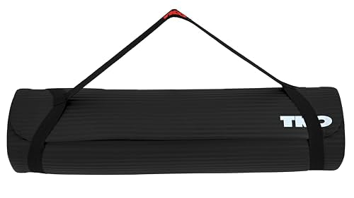 TKO Extra Thick Exercise Yoga Mat with Carrying Strap | Premium High-Density Padding for Joint Support during Yoga, Pilates & Floor Workouts | Durable and Portable - Black