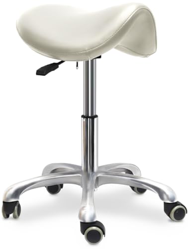 Ergonomic Saddle Chair,Heavy-Duty Rolling Stool with Wheels | 500lbs|Adjustable Height |360° swivel Silent PU casters|For Massage,Salon, barber ,tattoo,Spa ,Drafting,Clinic, Lab, Office - color: White