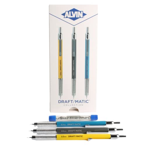 Alvin, Draft-Matic Mechanical Pencil, 3 Pack, Stainless Steel Drawing and Design Tools, Great for Drafting, Architecture, Engineering, and Art - Includes 0.3mm, 0.5mm, and 0.7mm