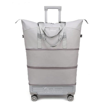 Expandable Rolling Travel Bag with Removable Wheels & Handle, Large Capacity Wheeled Duffle Tote, Foldable Carry On Luggage for Women, Lightweight Weekender Overnight Bag (Grey) - color: Grey