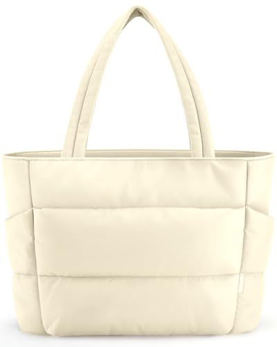 HOTOR Puffer Tote Bag for Women, Multi-Pocket, Zippered - color: Beige, size: 18.1" × 6.3" × 11.8"