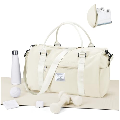 Gym Bag for Women Men with Shoes Compartment and Wet Pocket,Sport Swimming Yoga Bag,Waterproof Travel Duffel Bag Small Carry on Bag Overnight Weekender Bags Personal Item Bag for Airlines Cream White - color: A15-Cream White