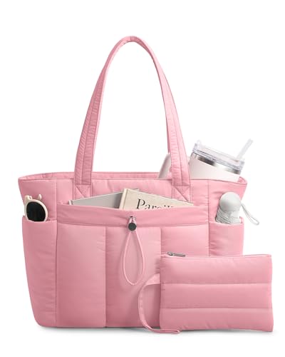TOPDesign Puffy Tote Bag for Women with Cup Holder & Laptop Compartment & Cosmetic Bag & Trolley Sleeve for Work, Travel - color: Hot Pink, size: Large