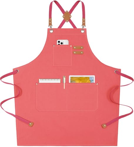 AFUN Chef Aprons for Women Men with Oversized Pockets, 12-Ounce Cotton Canvas Cross Back Water Repellent Apron (Pink) - color: Pink