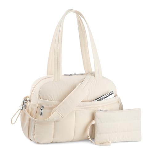 TOPDesign Travel Duffel Bag for Women, Puffer Gym Bag Sports Tote with Wet Pocket, Carry On Weekender with Luggage Sleeve (Beige) - color: Beige