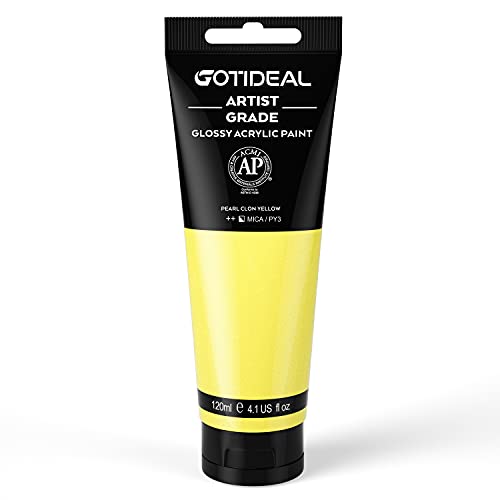 GOTIDEAL Metallic Acrylic Paint Pearl Clon Yellow Tubes(120ml, 4.1 oz) | Non Toxic, Non Fading, Rich Pigments,for Painters, Adults & Kids,Ideal for Canvas Wood Clay Fabric Ceramic Craft Supplies - color: Pearl Clon Yellow, style: Metallic