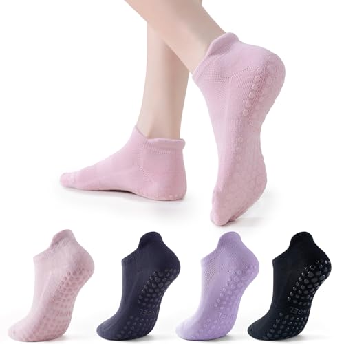 PilatesYogaGripSocksforWomenCushionedGrippyCottonNonSlipAthletic - color: 4 Pairs Purple
