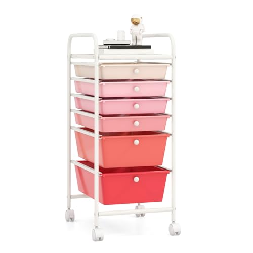 RELAX4LIFE 6-Drawer Rolling Storage Cart - Classroom Organization on Wheels w/Removable Plastic Drawers, Mobile Art Craft Cart for School Paper Home Office, Utility Cart with Drawers (Gradient Pink) - color: Gradient Pink