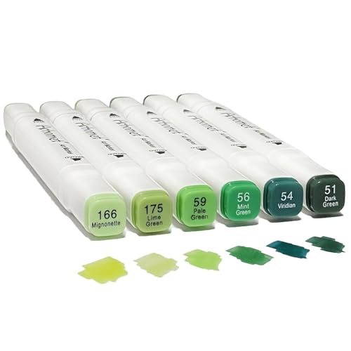 Arhomet 6pcs Green Forest Trees Grass Colors Alcohol Markers Set, Dual Tips Art Markers Drawing Sketched Double Tipped for Adults Beginner Artists (Green) - color: Green