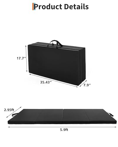 6x3 Ft Portable Four-Fold Gymnastics Mat, 2 Inch Thick Tumbling & Exercise Pad, Folding Floor Mat for Home Workouts, Yoga, Pilates, Aerobics and Martial Arts Training, Black