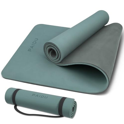 PAIDU POE Yoga Mat （10mm）Extra Thick Fitness Mat 72"x24" with Carry Strap | Non-slip, tear-resistant and suitable for all ages, perfect for yoga, Pilates, home gym and full-body workouts. - color: Deep green+Gray.