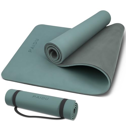 PAIDU POE Yoga Mat （10mm）Extra Thick Fitness Mat 72"x24" with Carry Strap | Non-slip, tear-resistant and suitable for all ages, perfect for yoga, Pilates, home gym and full-body workouts. - color: Deep green+Gray.