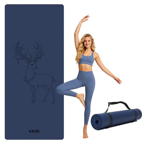 HAHE Extra Wide Yoga Mat, 75"x 32" POE Deer Print Exercise & Fitness Mat | 8mm Thick Large Yoga Mats for Men & Women, Pilates Mat for Home Workout, Non Slip Exercise Mats with Carry Strap - color: Sea blue