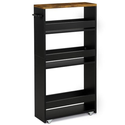 TEAMIX Slim Rolling Storage Cart, Wood 4-Tier Narrow Kitchen/Laundry Cart - color: Black+brown, size: 5-1/2'' W